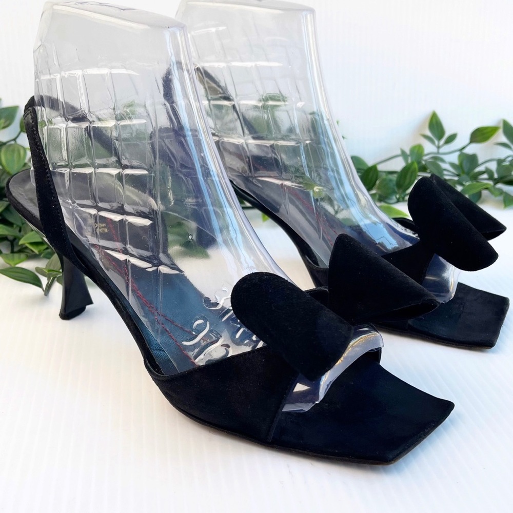 kate spade Black Suede Open-Toe Heels with Sculpted Bow